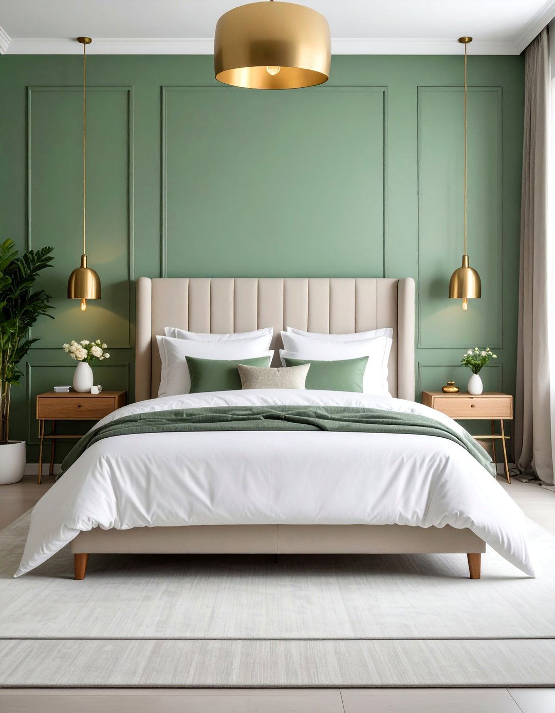 Sage Green Accent Wall with White Bedding - 25 Sage Green Bedroom Ideas