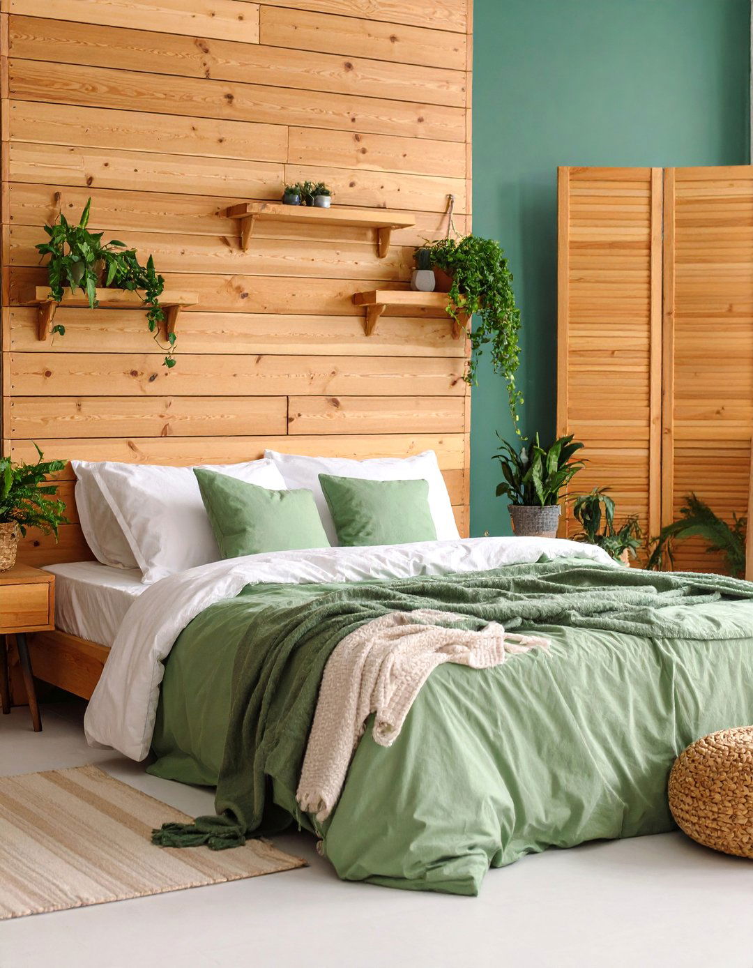 Sage Green Accent Wall with Wood Paneling - 25 Boho Sage Green Bedroom Ideas