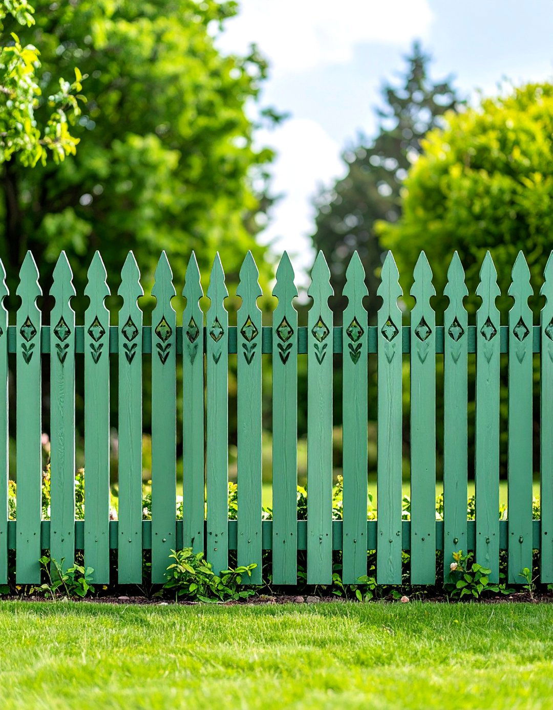 Sage Green Artistic Cutout Fence with Decorative Patterns - 25 Sage Green Garden Fence Ideas