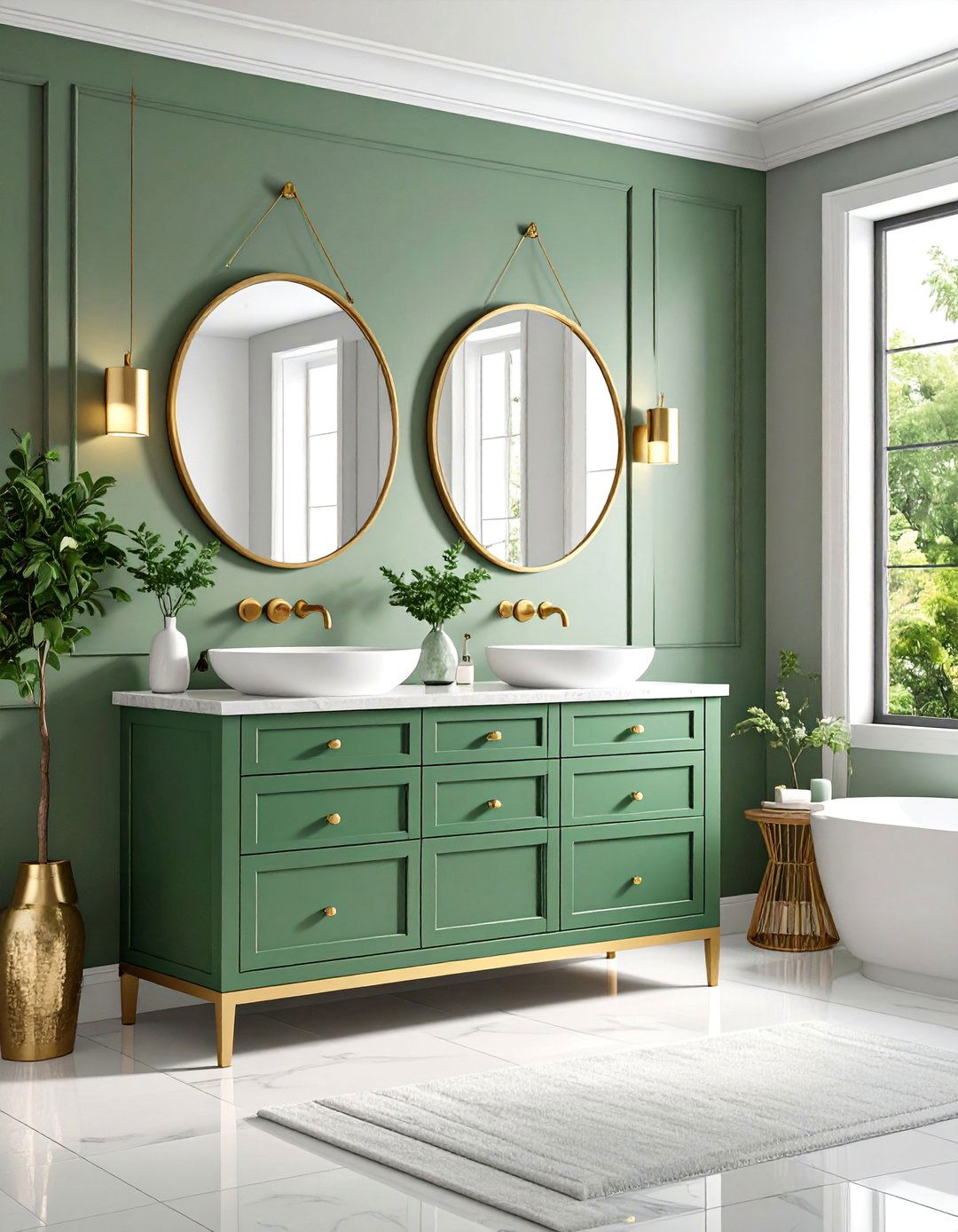 Sage Green Bathroom Vanity with Brass Hardware - 25 Sage Green Paint Color Ideas