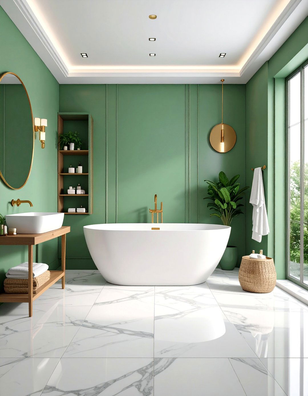 Sage Green Bathroom with Marble Tiles - 25 Pastel Colour Ideas for Your Home