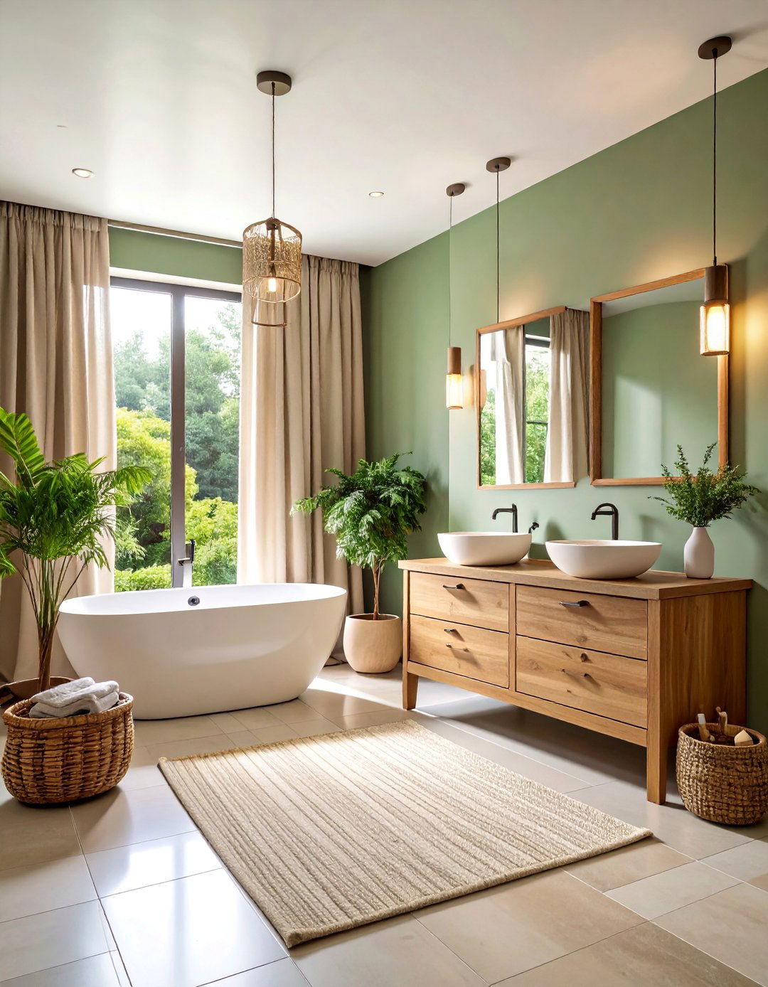 Sage Green Bathroom with Natural Wood Elements - 25 Bathroom Color Ideas