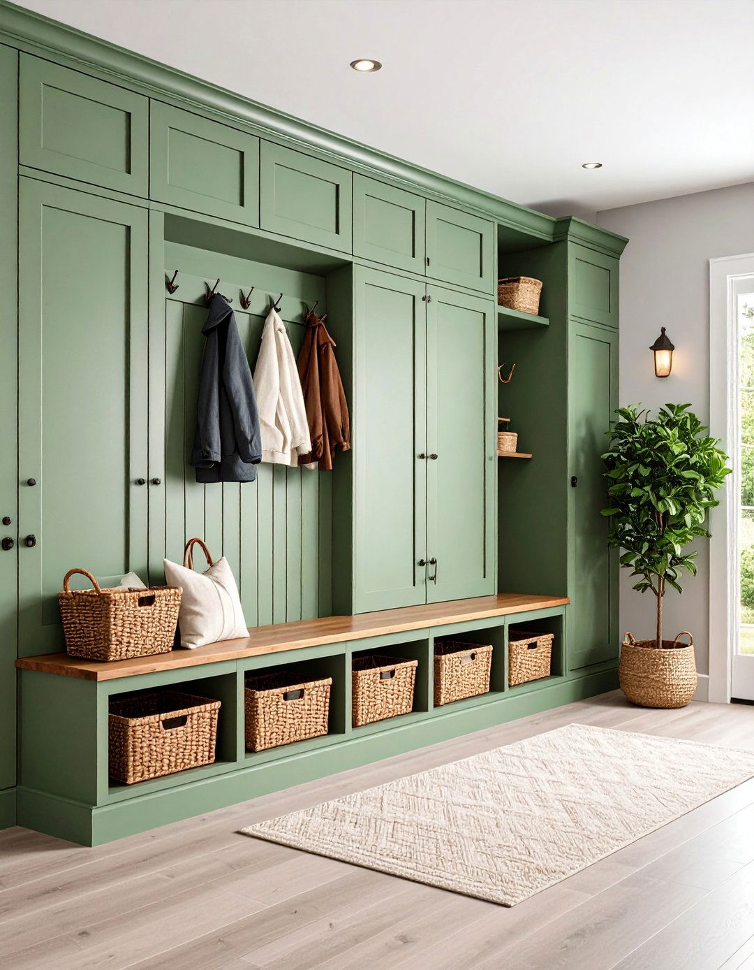 Sage Green Beadboard Mudroom Storage Wall - 25 Beadboard Wall Ideas