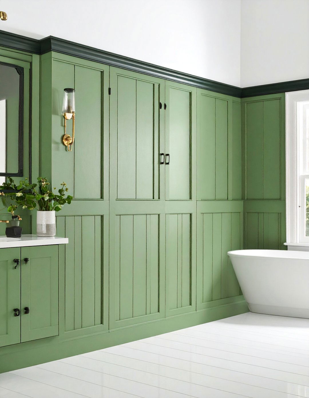Sage Green Beadboard with Black Trim Details - 25 Black and Green Bathroom Ideas