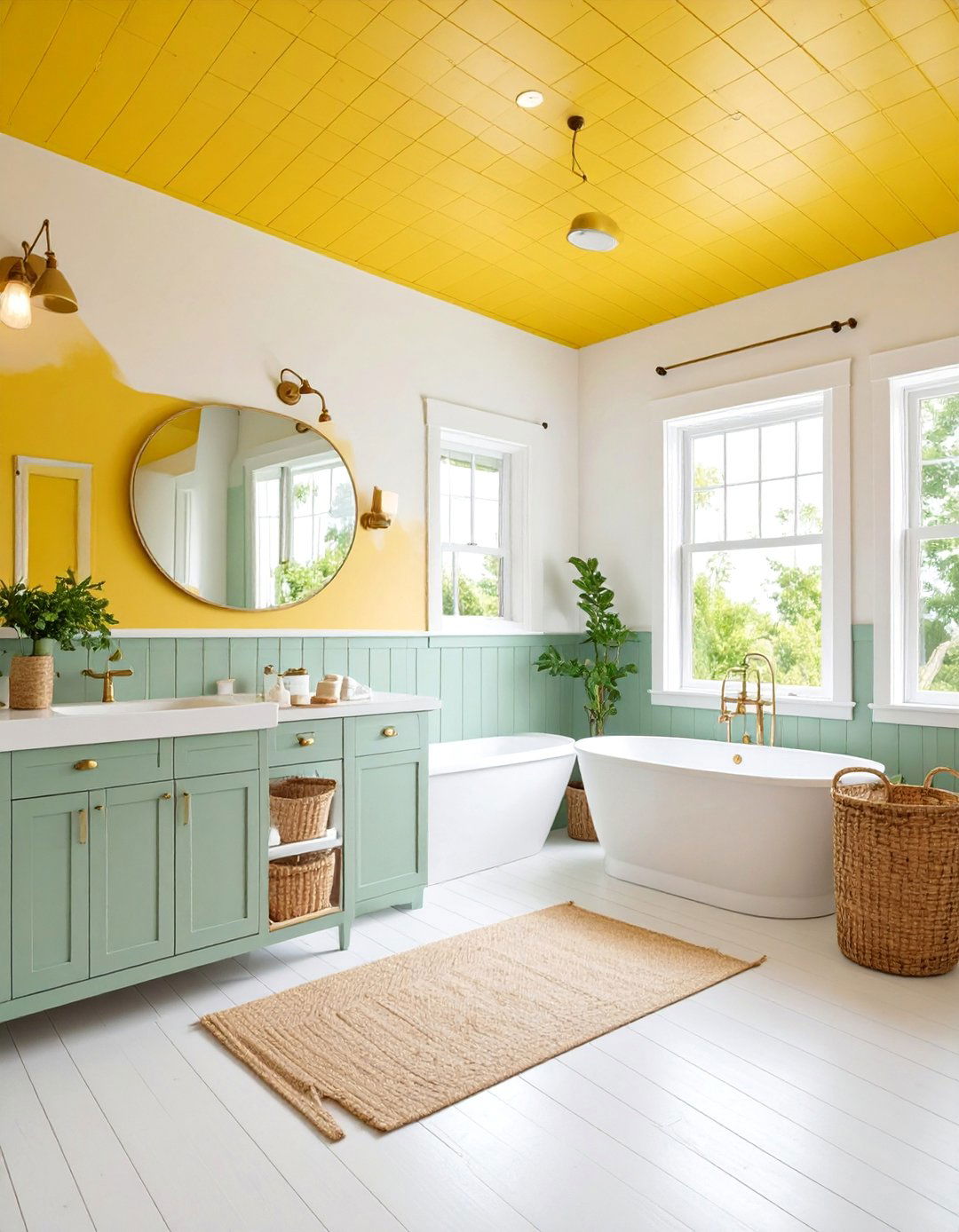 Sage Green Beadboard with Golden Yellow Painted Ceiling - 25 Yellow and Green Bathroom Ideas