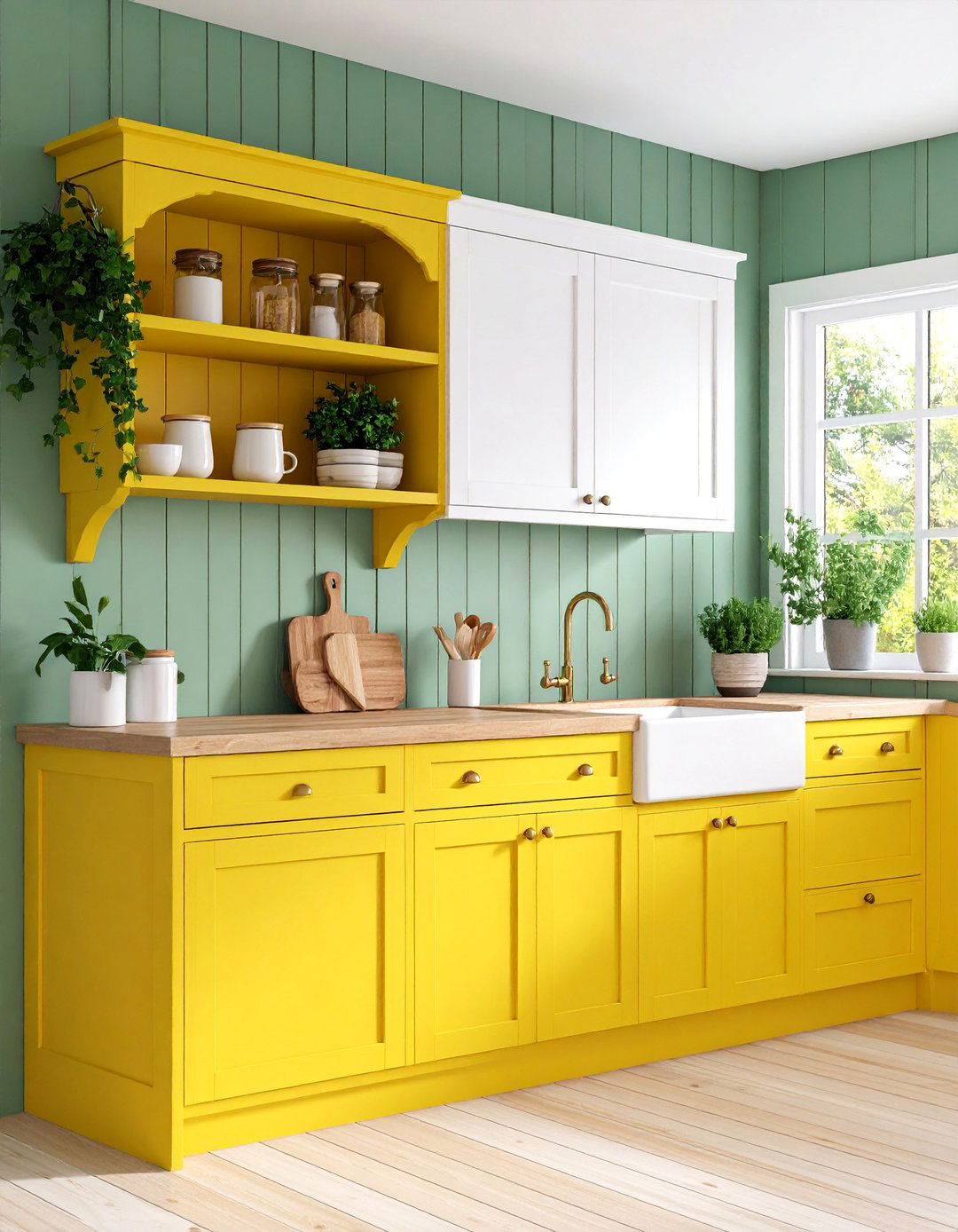 Sage Green Beadboard with Mustard Yellow Open Shelving - 25 Green and Yellow Kitchen Ideas