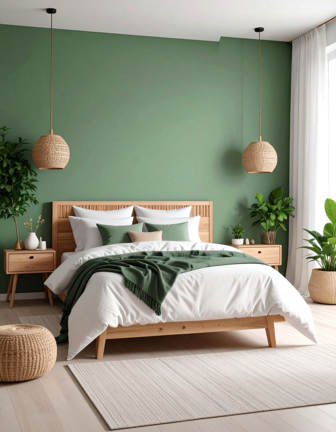 Sage Green Bedroom Accent Wall with Natural Wood - 25 Green Accent Wall Ideas