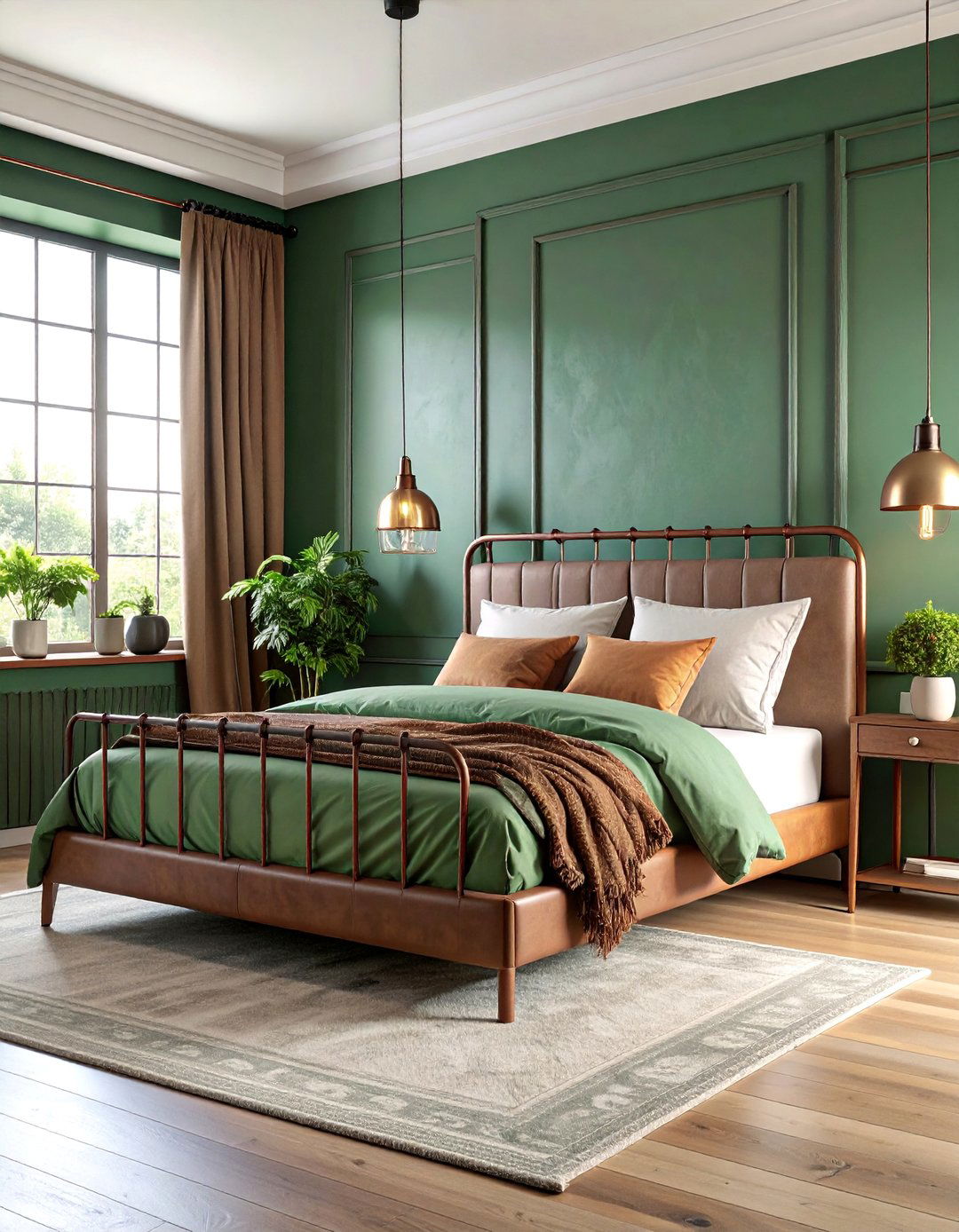 Sage Green Bedroom with Brown Iron and Metal Details - 25 Green and Brown Bedroom Ideas