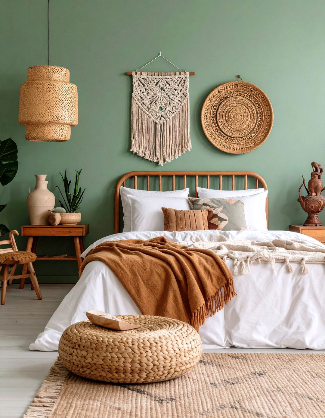 Sage Green Bedroom with Global Accessories - 25 Boho Sage Green Bedroom Ideas