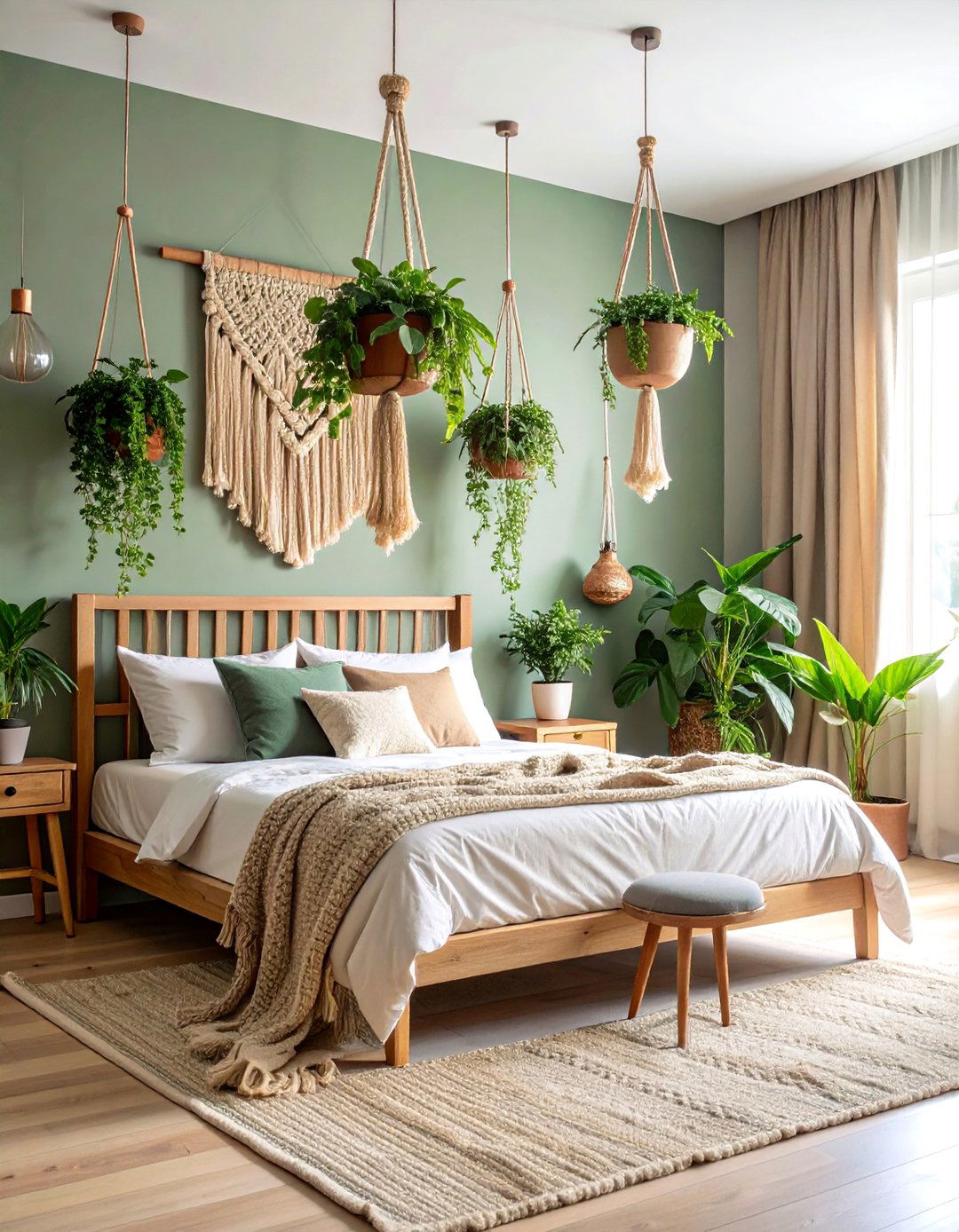 Sage Green Bedroom with Hanging Plants - 25 Boho Sage Green Bedroom Ideas