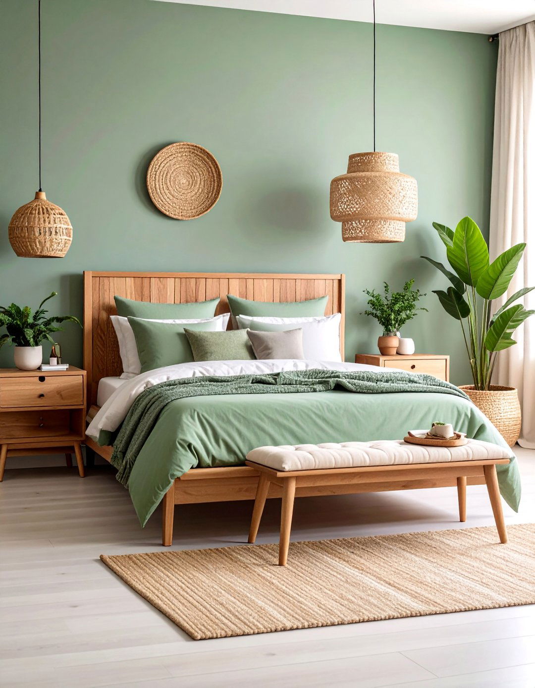 Sage Green Bedroom with Natural Wood Furniture - 25 Green and Brown Bedroom Ideas