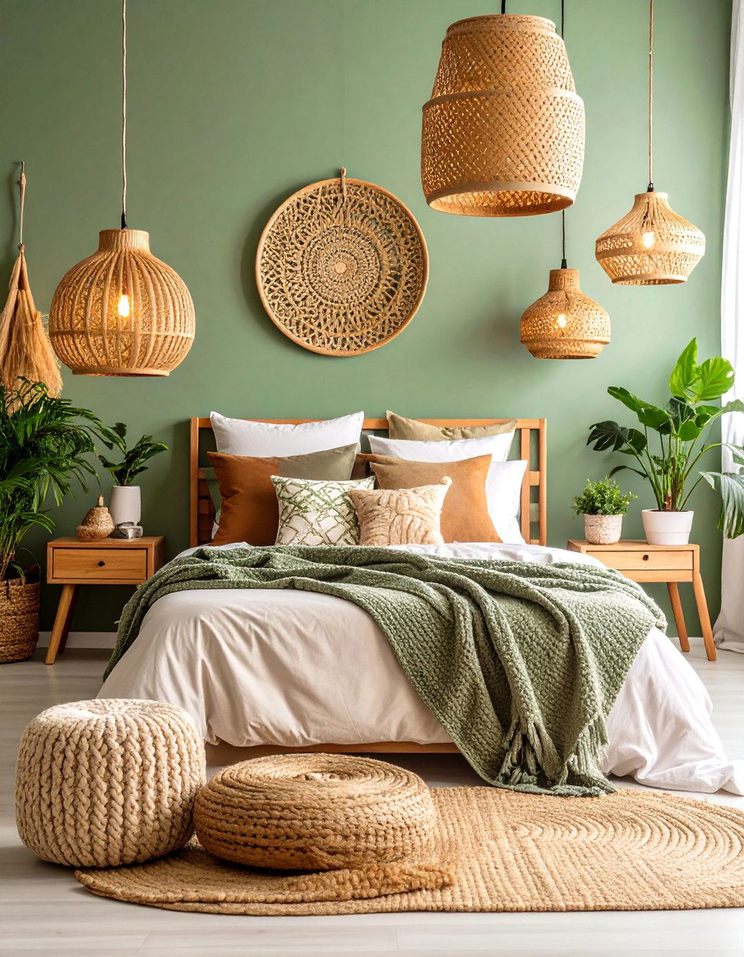 Sage Green Bedroom with Pendant Lighting - 25 Boho Sage Green Bedroom Ideas
