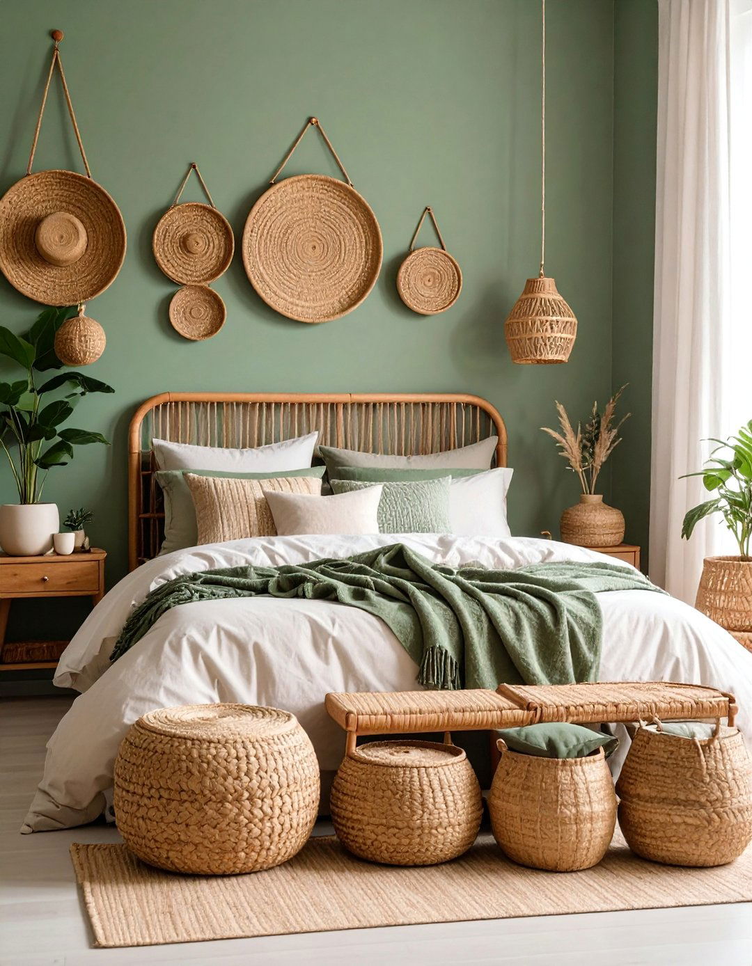 Sage Green Bedroom with Woven Baskets - 25 Boho Sage Green Bedroom Ideas