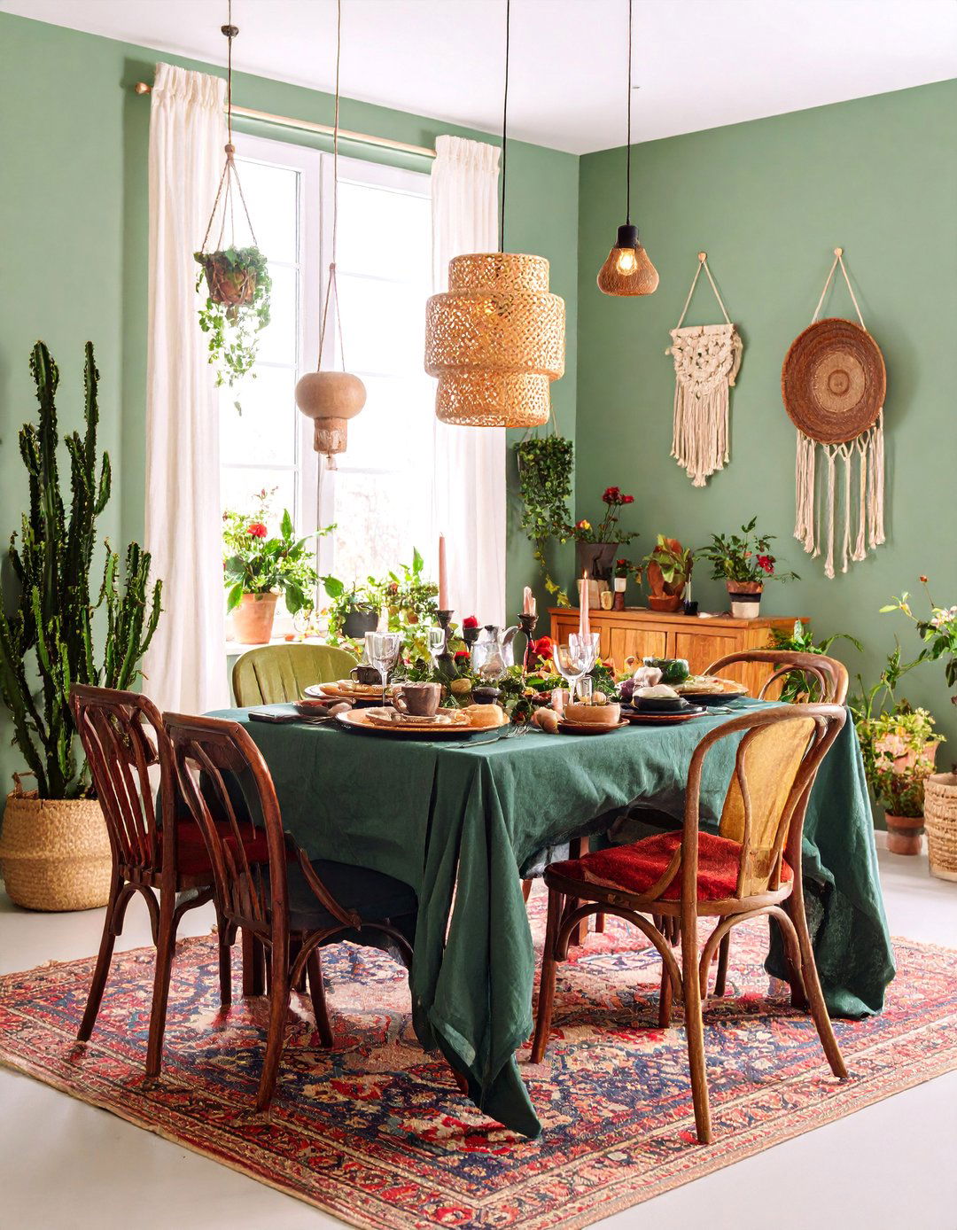 Sage Green Bohemian Eclectic with Mixed Textures - 25 Green Dining Room Ideas