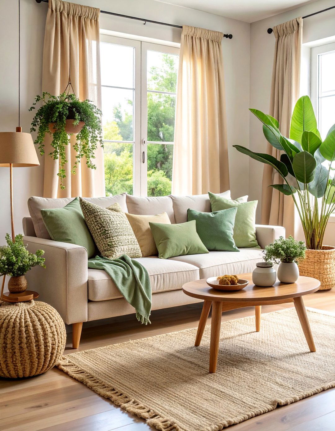 Sage Green Boho Living Room with Natural Fiber Elements - 25 Neutral Boho Living Room Ideas