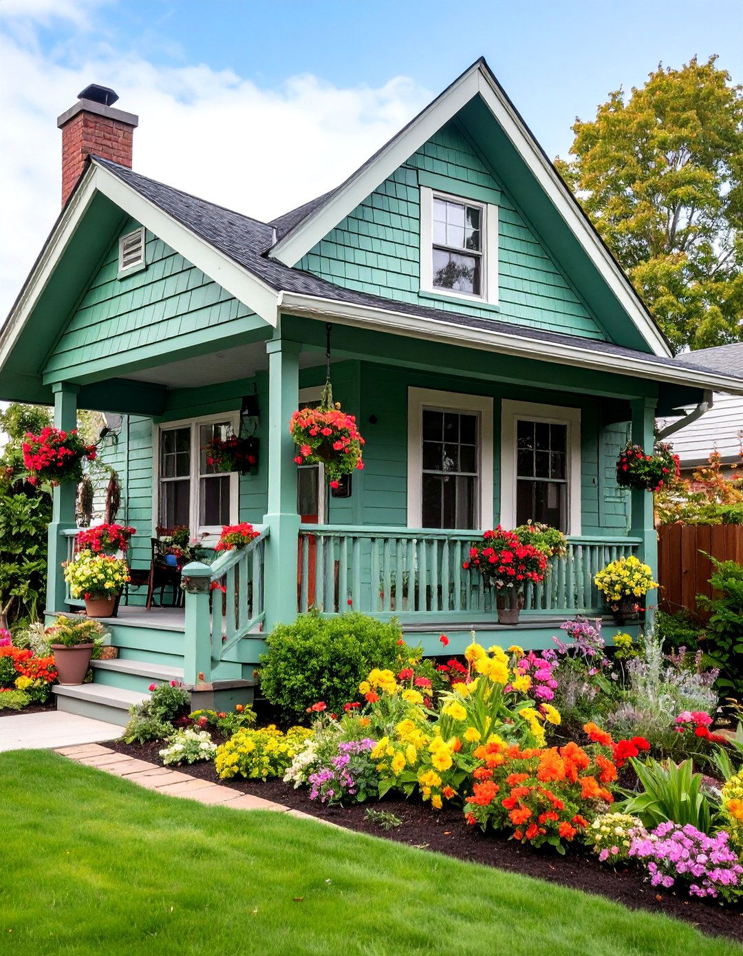 Sage Green Brick Bungalow with Built in Planters - 25 Sage Green Painted Brick House Ideas