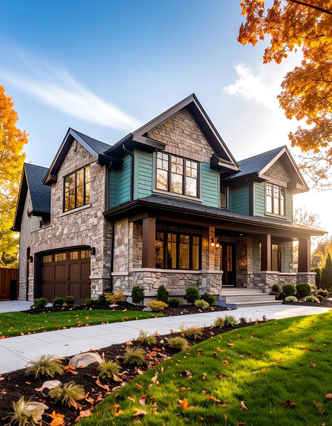 Sage Green Brick Split Level with Natural Stone Accents - 25 Sage Green Painted Brick House Ideas