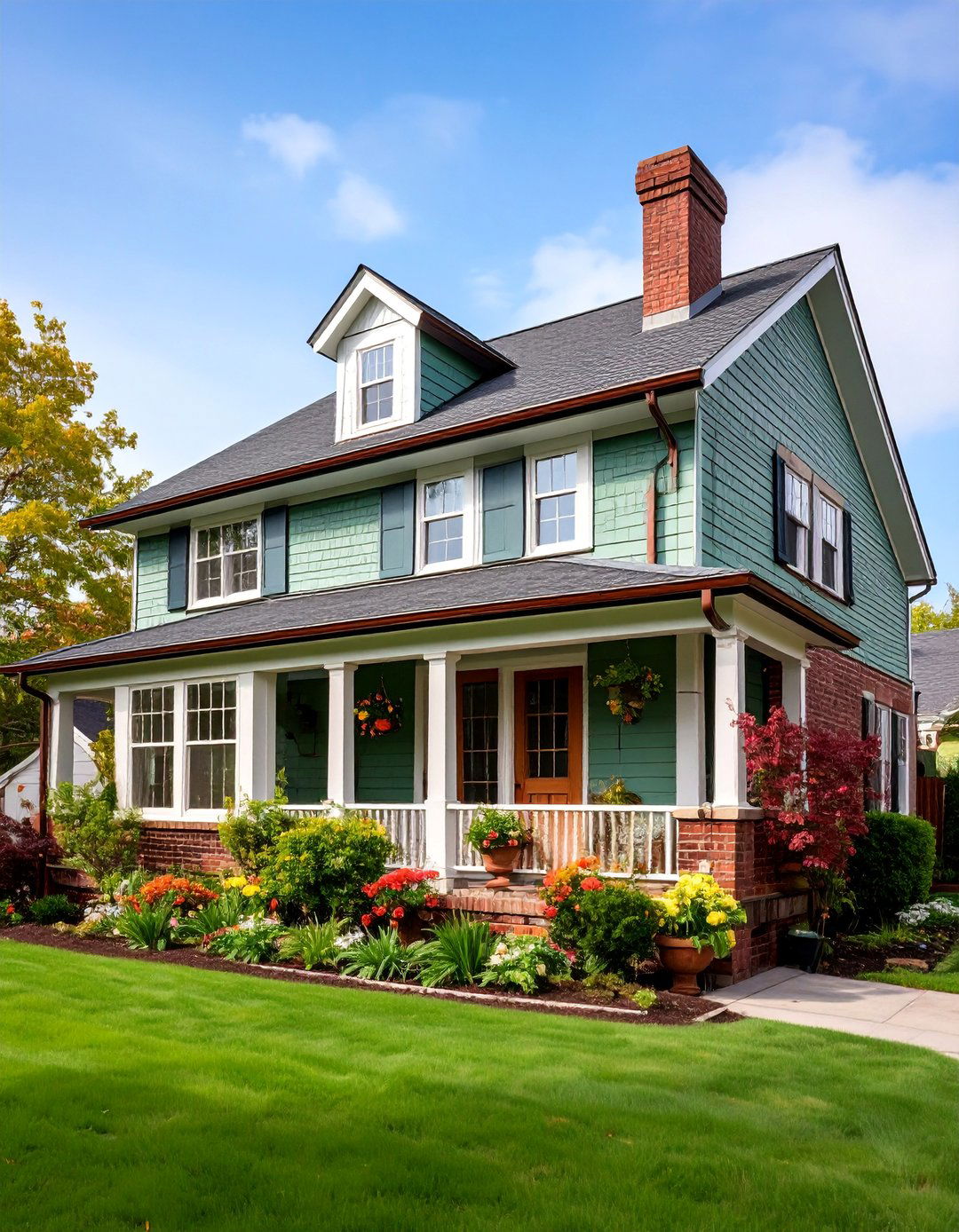 Sage Green Brick with Copper Gutters and Downspouts - 25 Sage Green Painted Brick House Ideas