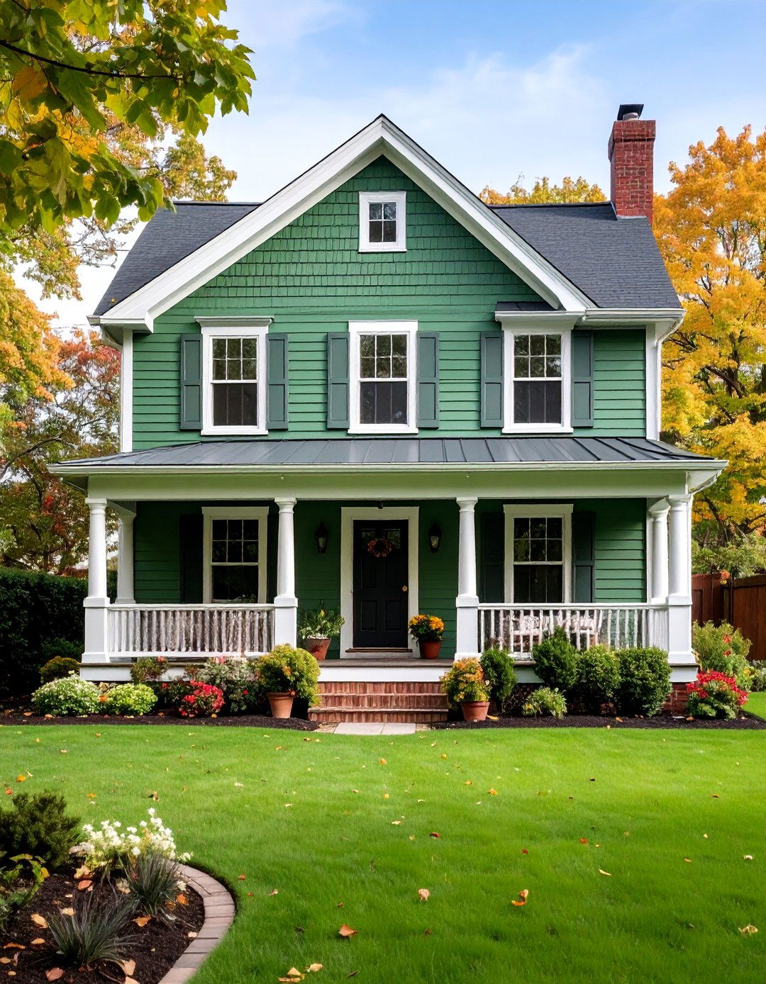 Sage Green Brick with Wraparound Porch and Columns - 25 Sage Green Painted Brick House Ideas