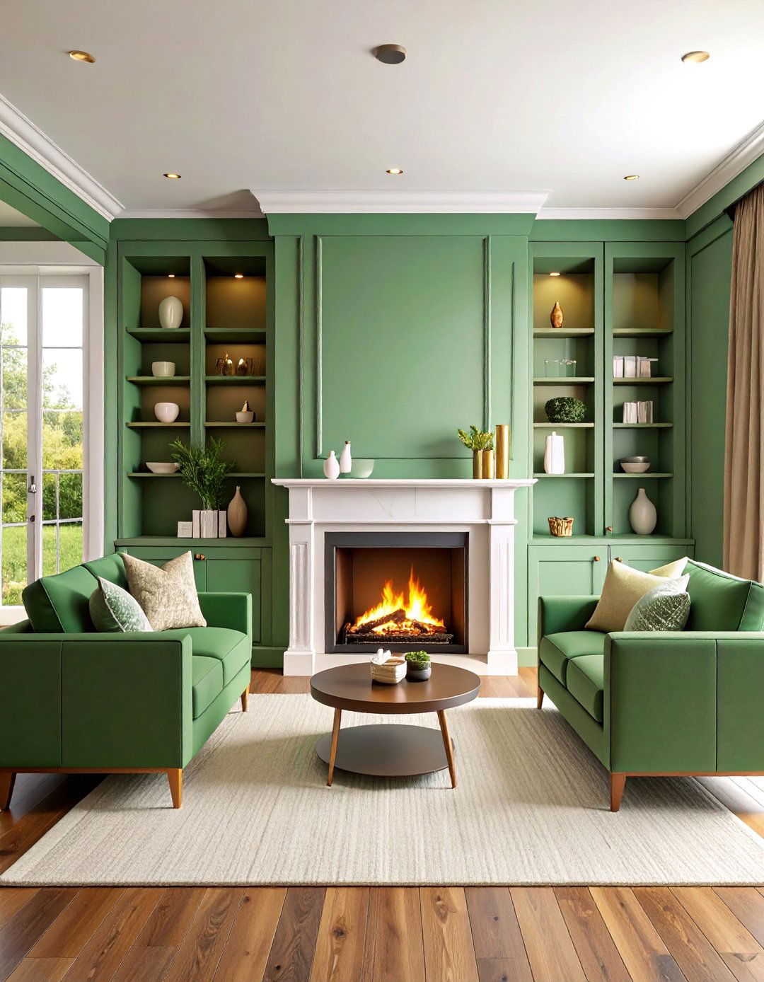 Sage Green Built In Cabinets with Hidden Storage Around Fireplace - 25 Sage Green Fireplace Ideas