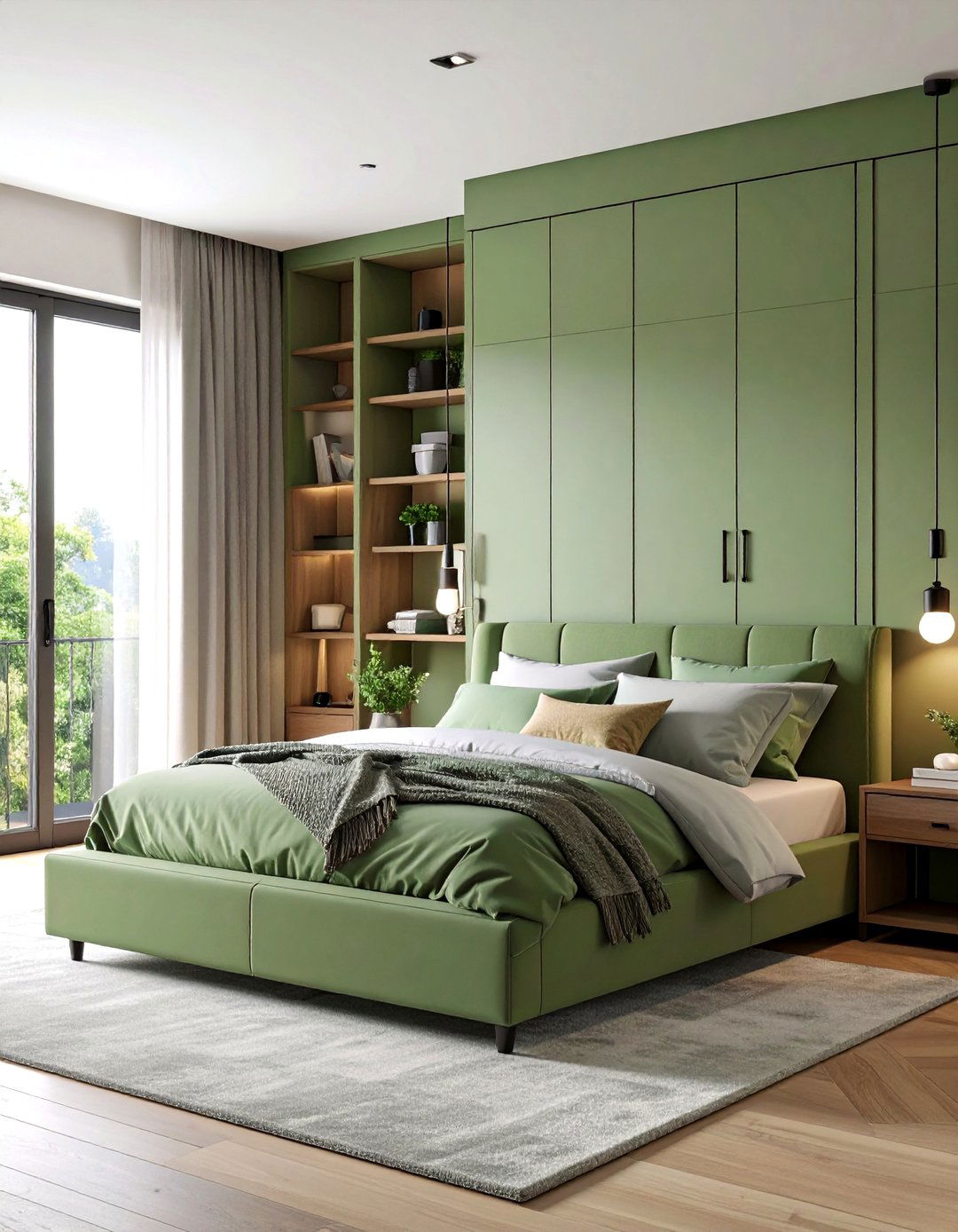 Sage Green Built in Storage with Black Accents - 25 Black and Green Bedroom Design Ideas