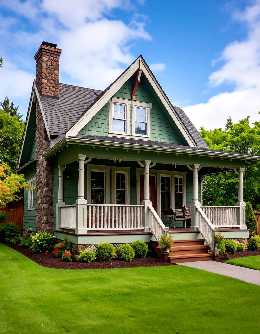 Sage Green Bungalow with Brown Stone Chimney - 25 Sage Green House With Brown Trim Ideas