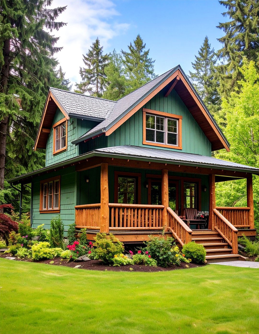 Sage Green Cabin Style with Brown Log Accents - 25 Sage Green House With Brown Trim Ideas