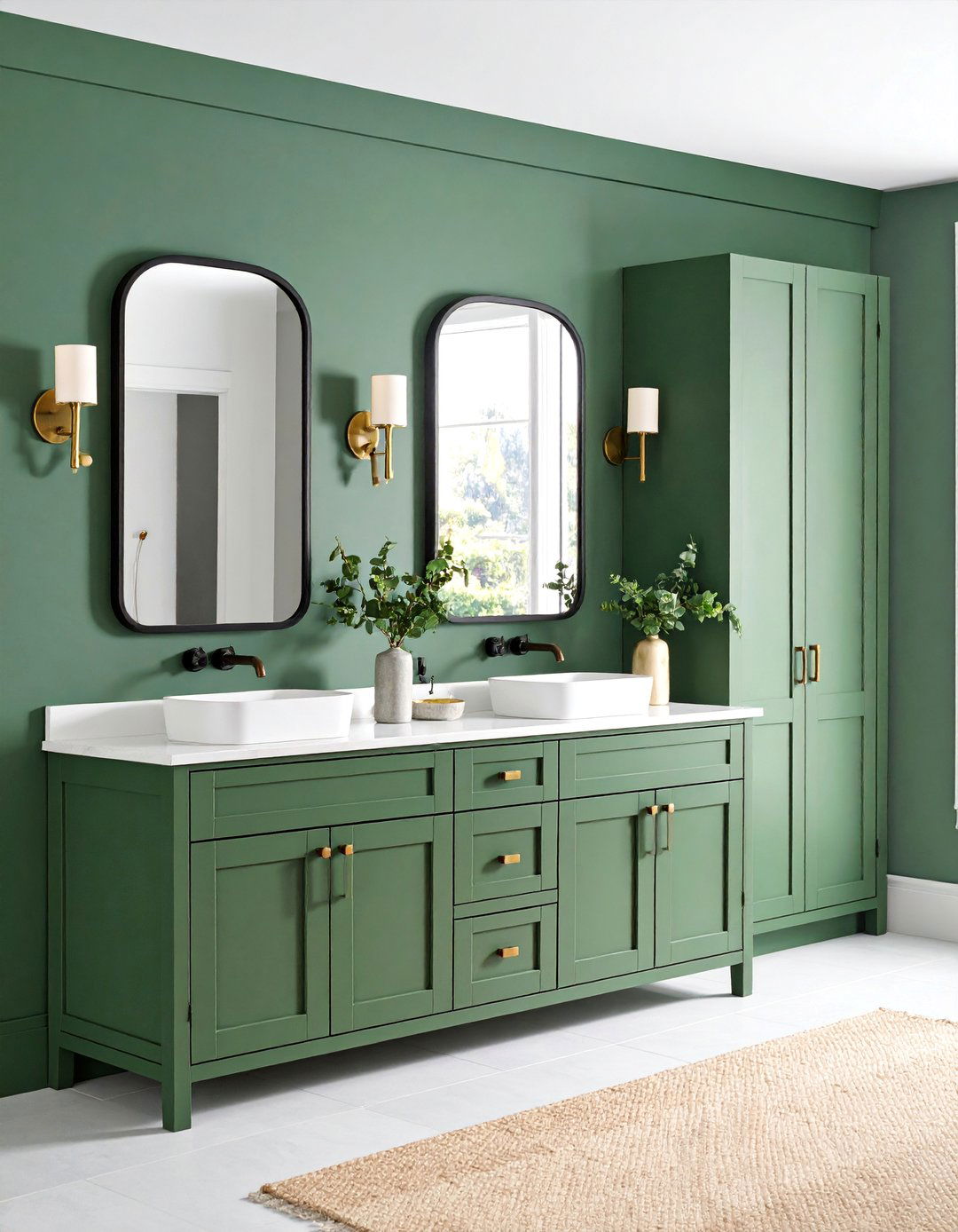 Sage Green Cabinet Doors with Black Frame Mirrors - 25 Black and Green Bathroom Ideas