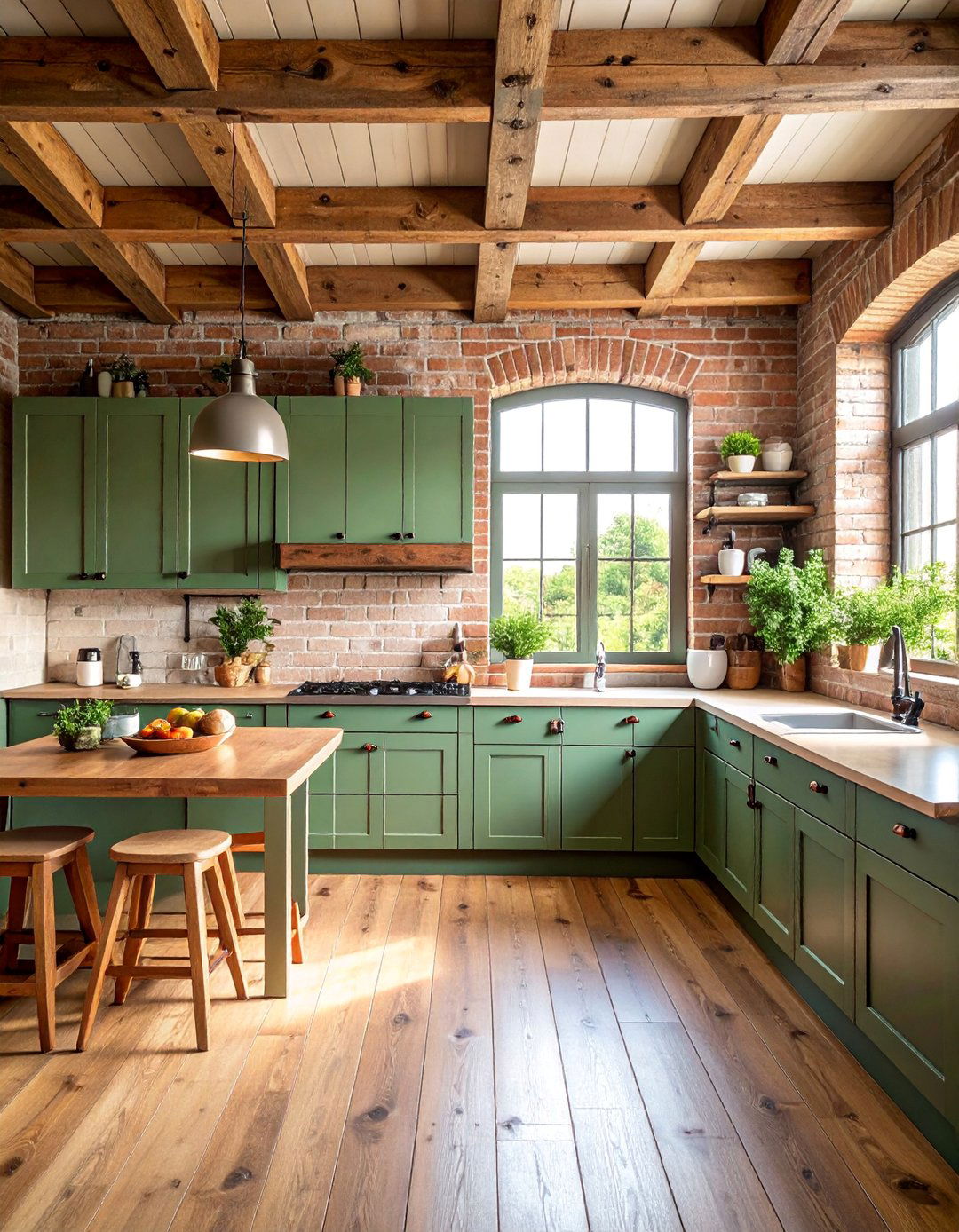 Sage Green Cabinets with Brick Accent Wall and Wooden Beams - 25 Rustic Sage Green Kitchen Cabinets