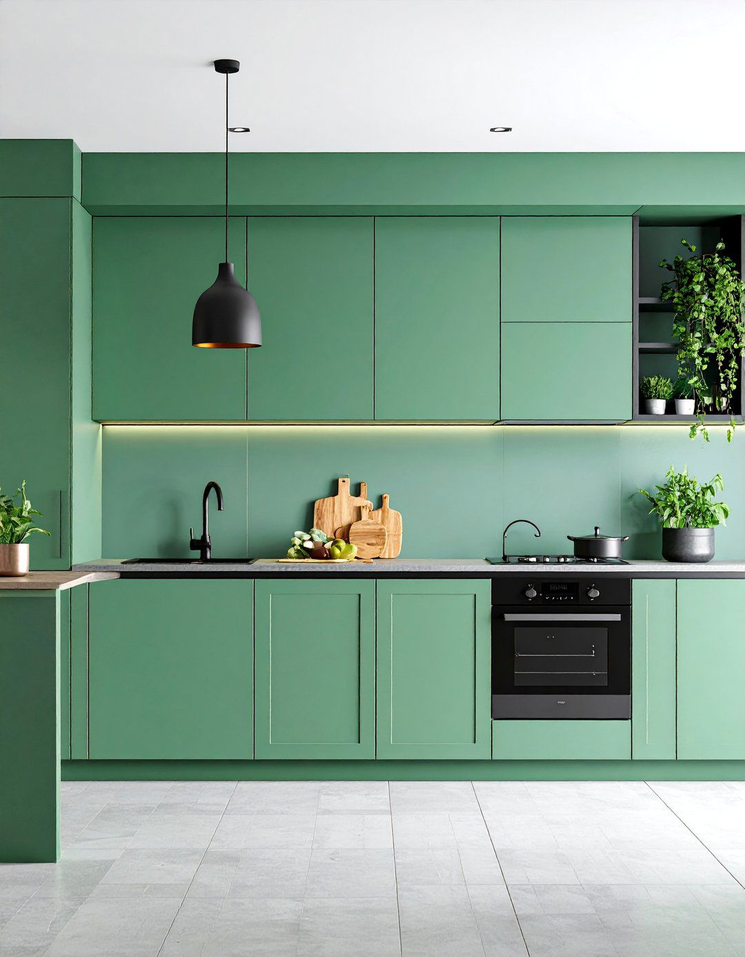 Sage Green Cabinets with Matte Black Fixtures and Modern Minimalism - 25 Rustic Sage Green Kitchen Cabinets