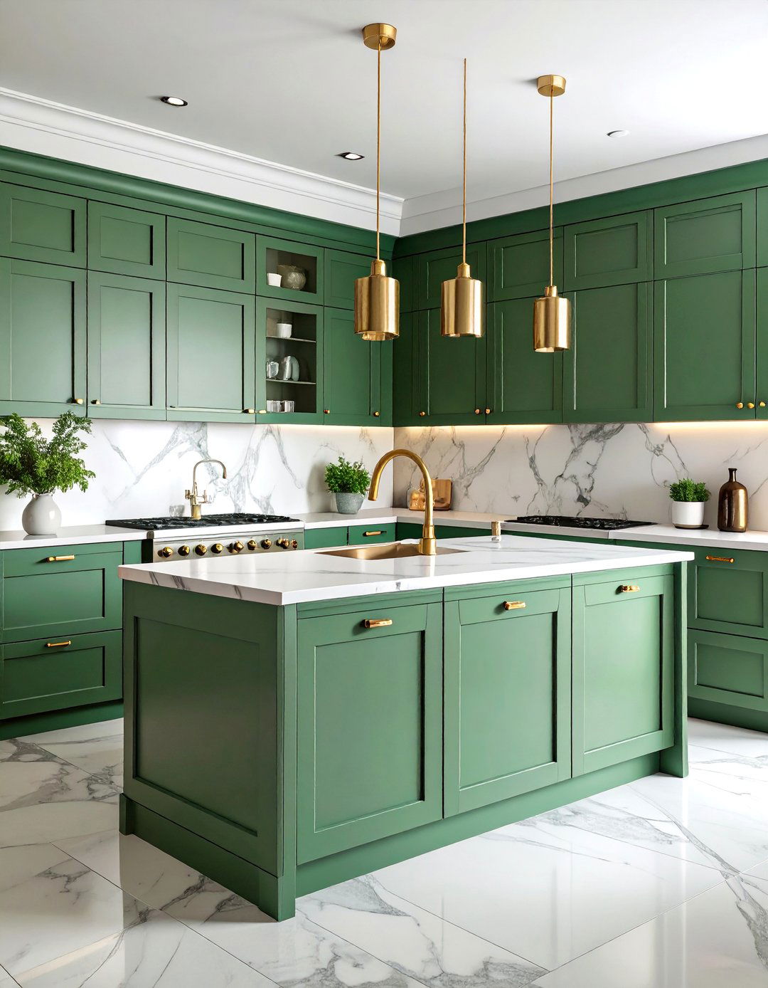 Sage Green Cabinets with White Marble Countertops and Backsplash - 25 Rustic Sage Green Kitchen Cabinets