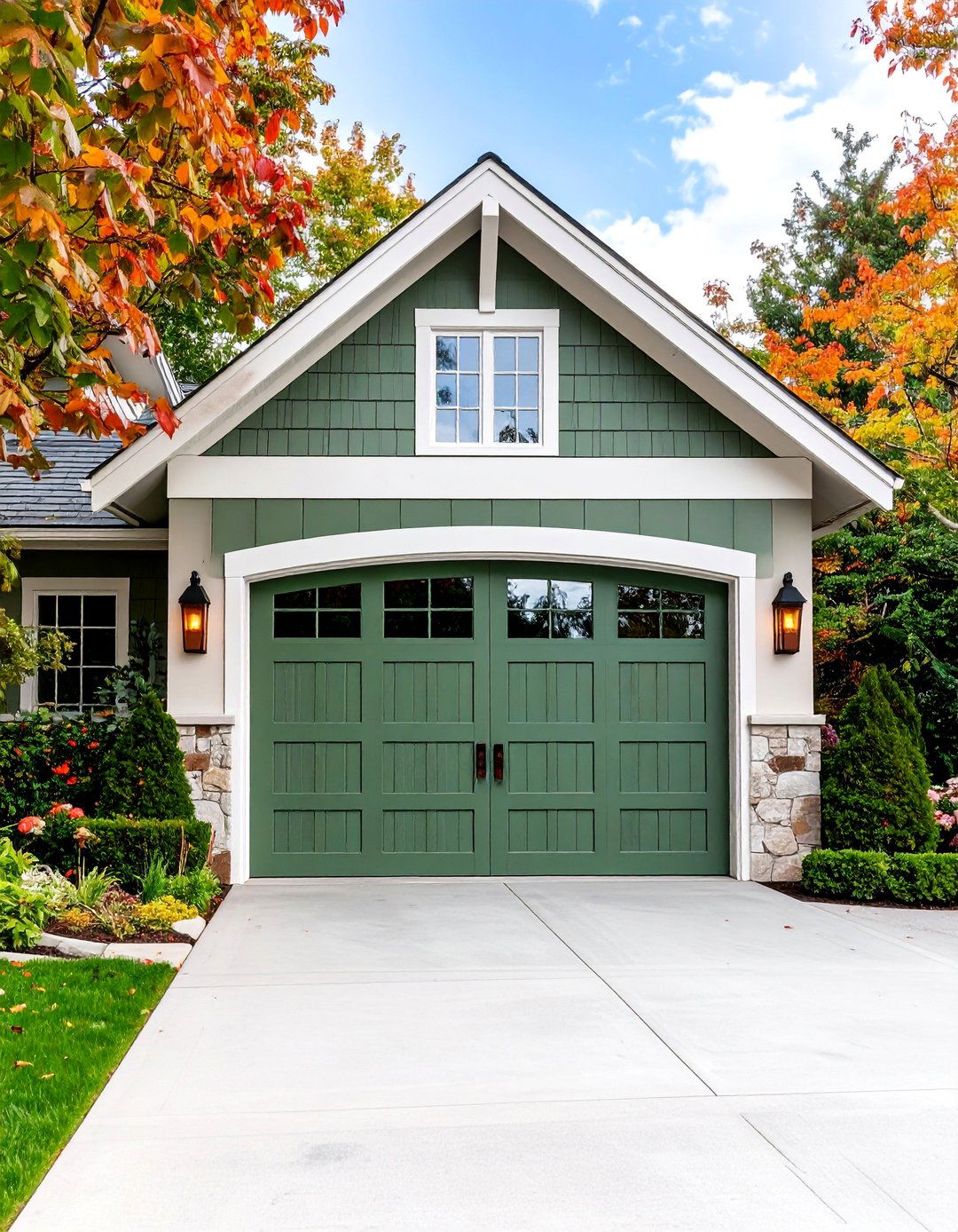 Sage Green Carriage House Style with Copper Hardware - 25 Green Garage Door Ideas