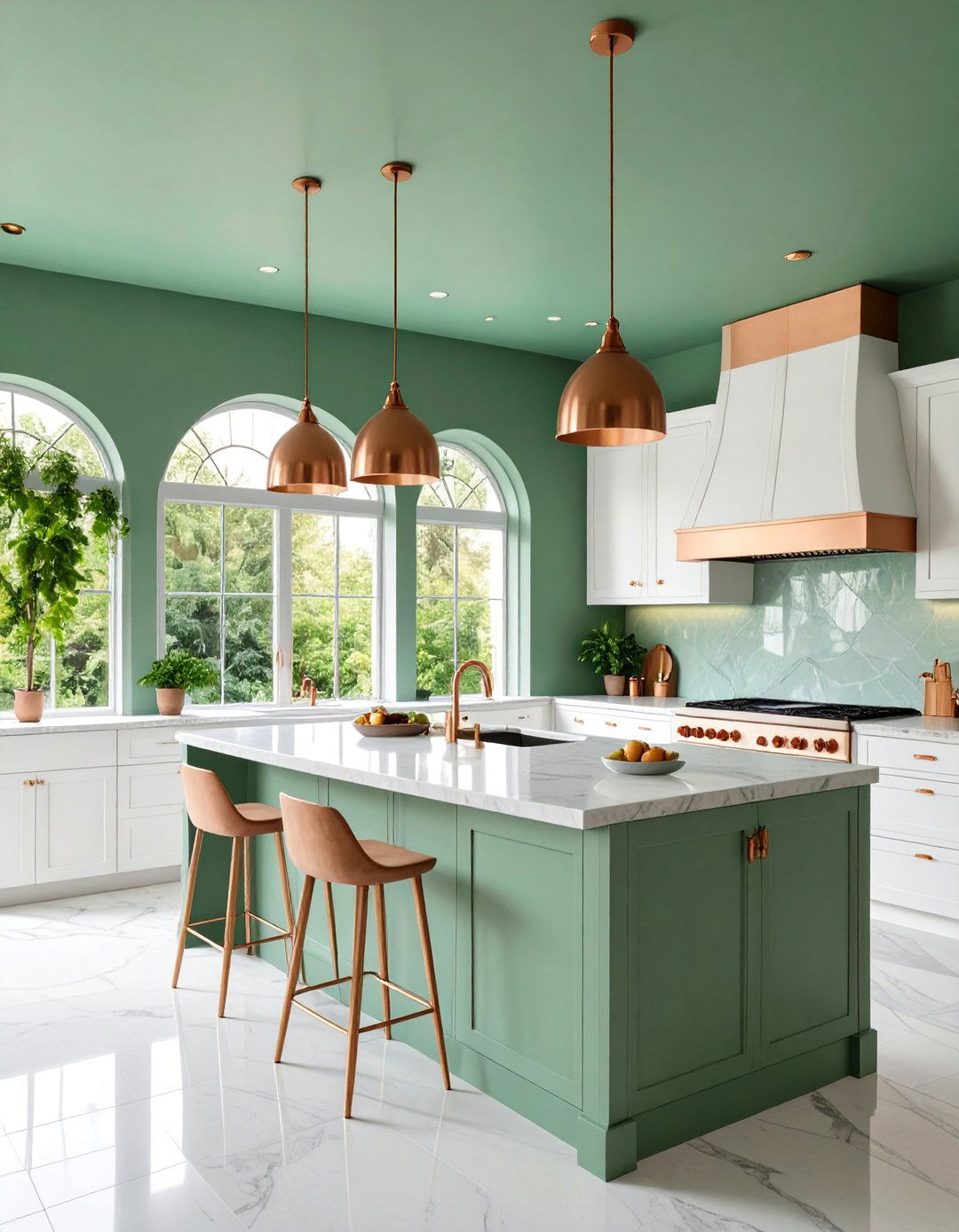 Sage Green Ceiling with Copper Fixtures - 25 Green and Copper Kitchen Ideas