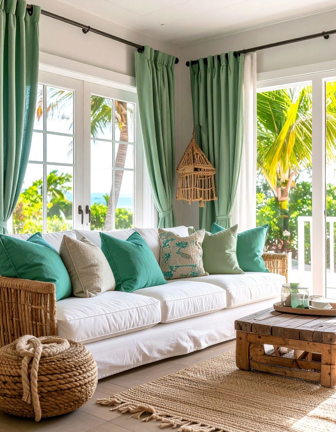 Sage Green Coastal Living Room with White Accents - 25 Sage Green Living Room Ideas