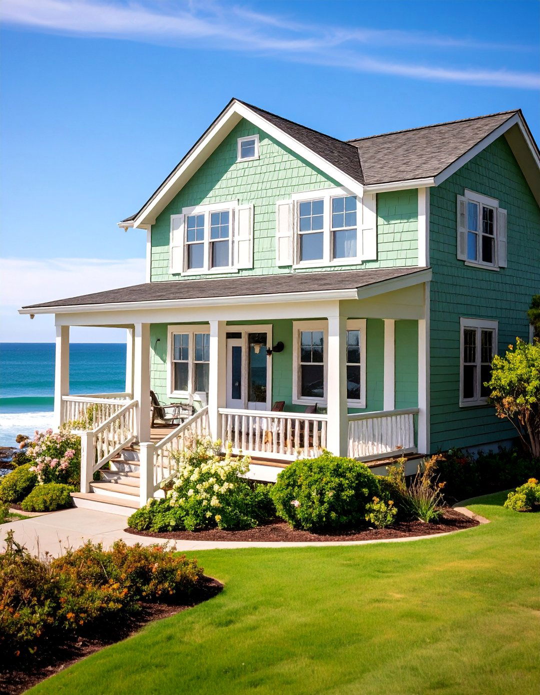 Sage Green Coastal Style with White Shutters - 25 Sage Green House Exterior Ideas