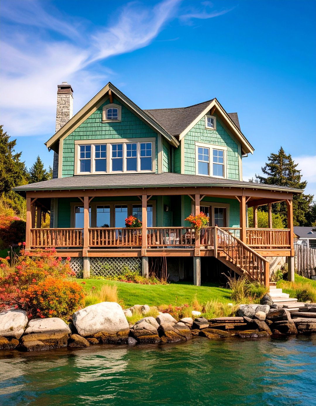 Sage Green Coastal with Brown Weathered Trim - 25 Sage Green House With Brown Trim Ideas