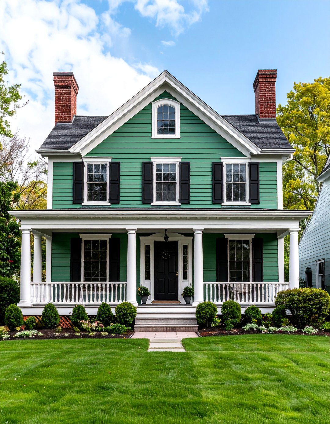 Sage Green Colonial with Black Door Frames - 25 Green House Exterior With Black Trim