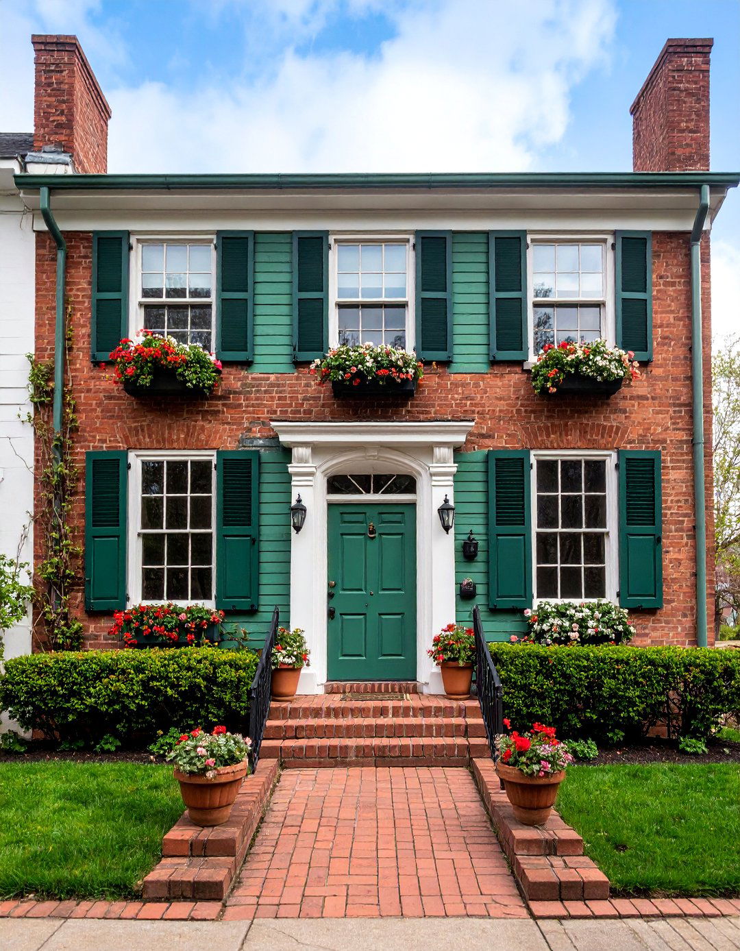 Sage Green Colonial with Brown Brick Accents - 25 Sage Green House With Brown Trim Ideas