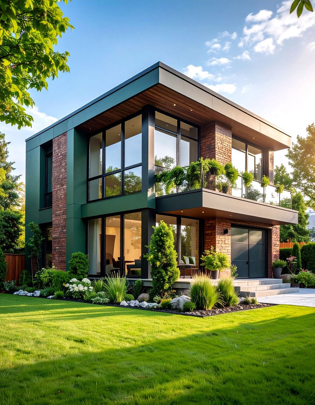 Sage Green Contemporary with Floor to Ceiling Windows - 25 Sage Green Painted Brick House Ideas