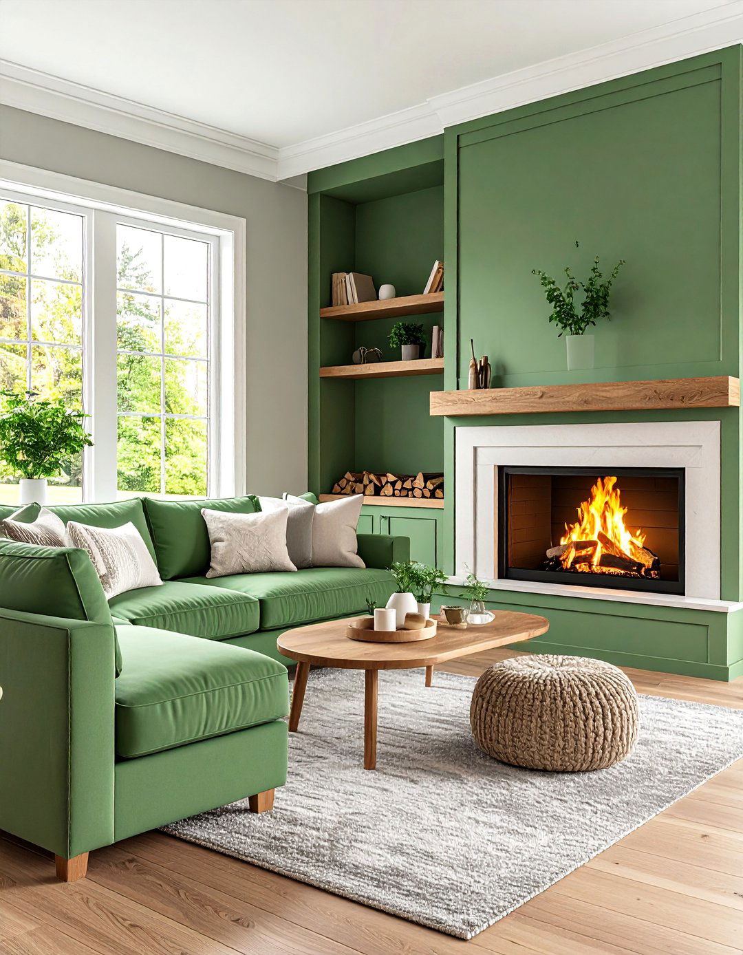 Sage Green Corner Fireplace with Wraparound Built In Seating - 25 Sage Green Fireplace Ideas