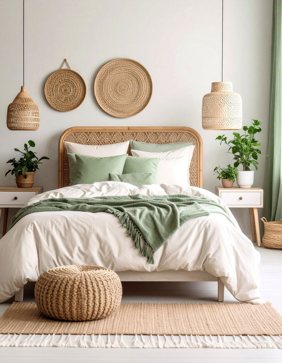 Sage Green Cottage Bedroom with Rattan Details - 25 Boho Cottage Style Decor Ideas