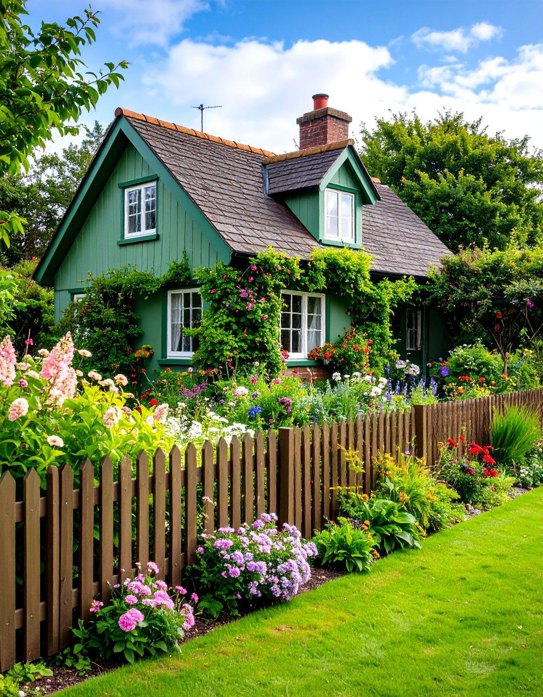 Sage Green Cottage Garden Style with Brown Picket Fence - 25 Sage Green House With Brown Trim Ideas