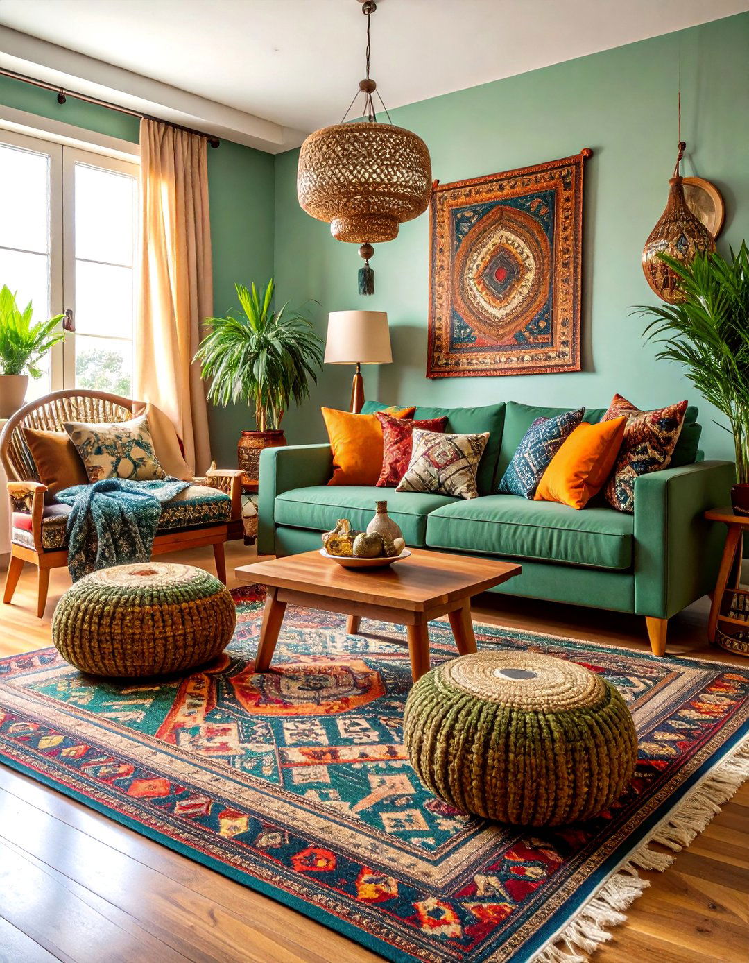 Sage Green Couch with Global Textiles - 25 sage green couch living room ideas