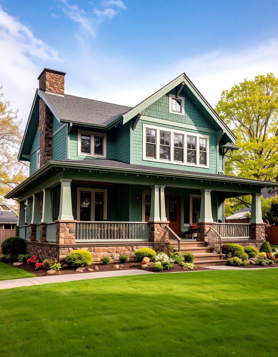 Sage Green Craftsman Bungalow with Brown Stone Foundation - 25 Sage Green House With Brown Trim Ideas