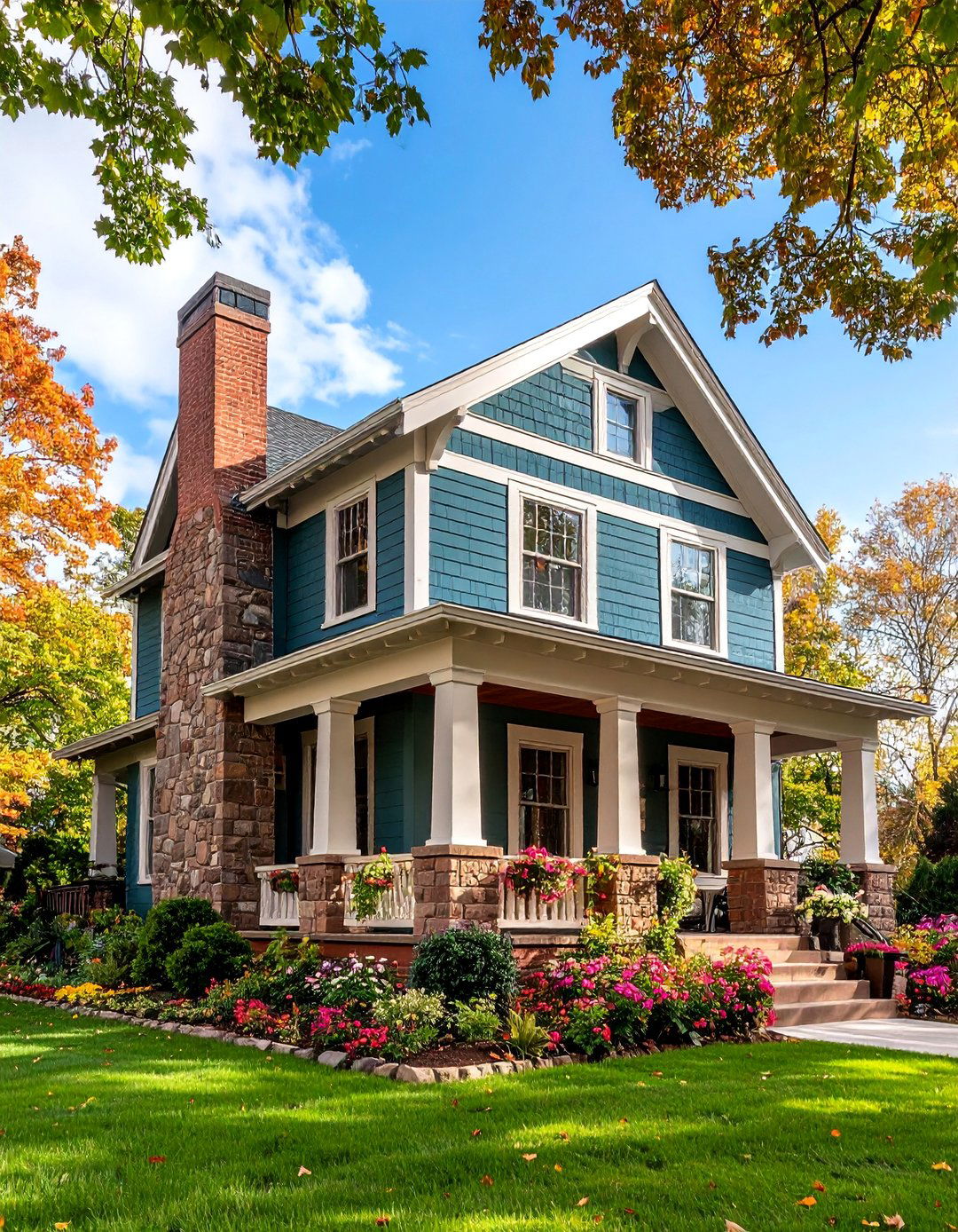 Sage Green Craftsman with Natural Stone Columns - 25 Sage Green Painted Brick House Ideas