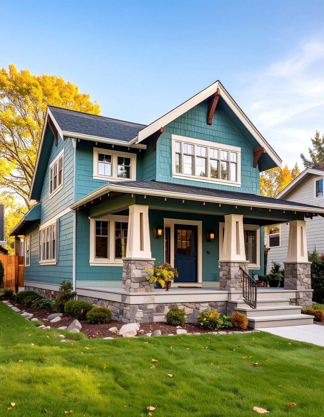 Sage Green Craftsman with Natural Wood Accents - 25 Dark Green Exterior Paint Color Schemes