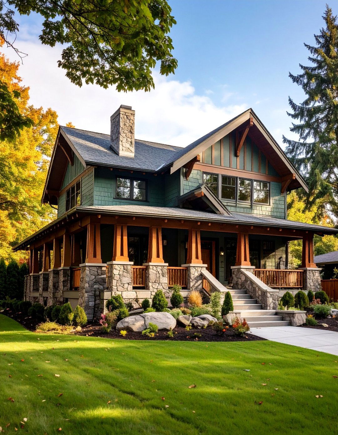 Sage Green Craftsman with Stone Foundation - 25 Sage Green House Exterior Ideas