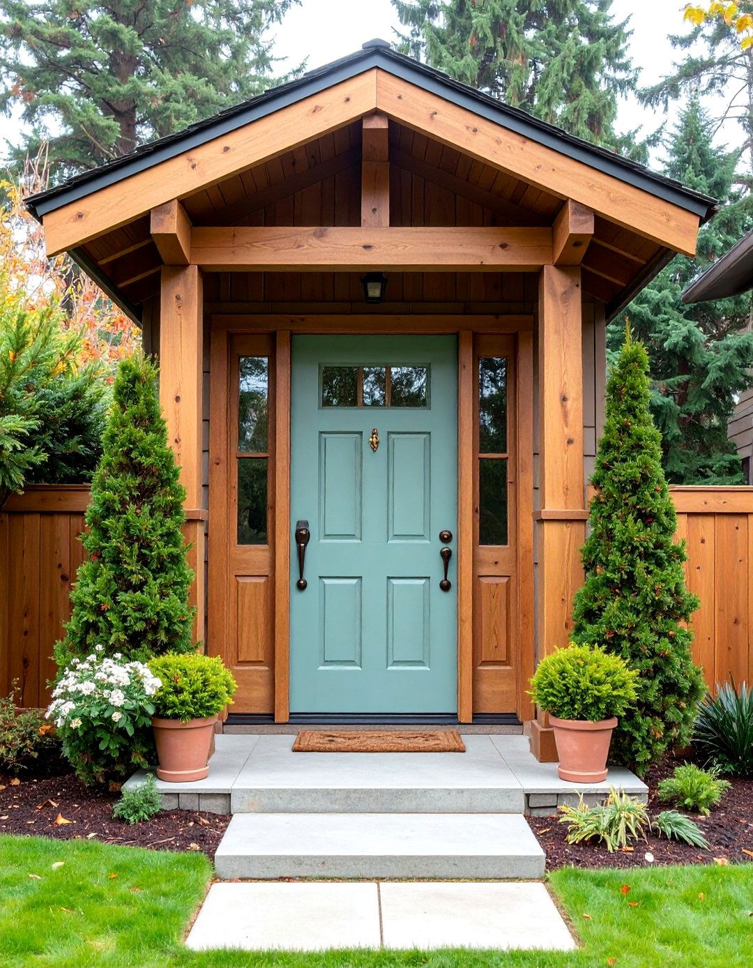Sage Green Door with Natural Wood Elements - 25 Dark Green Front Door Ideas