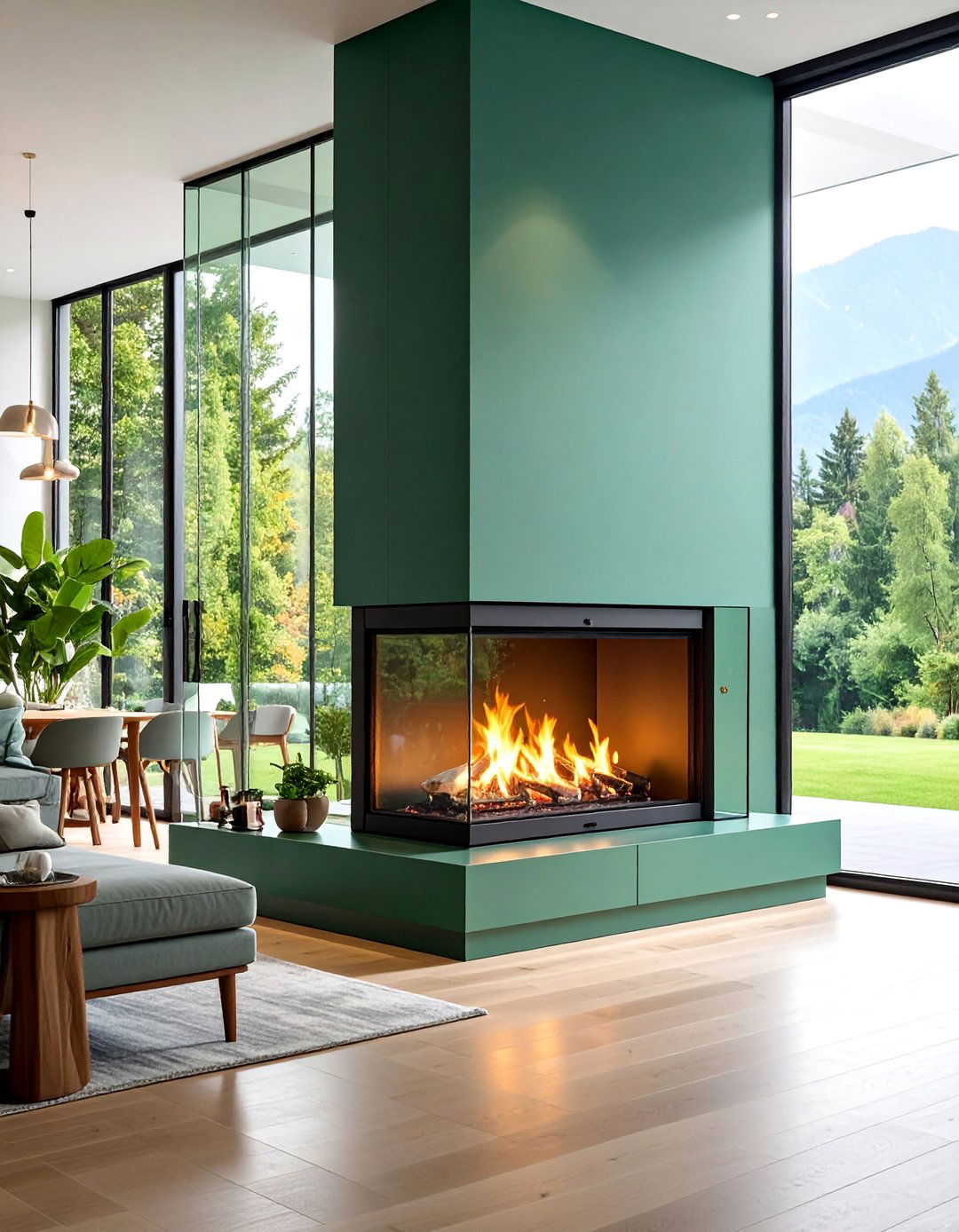 Sage Green Double Sided Fireplace Room Divider with Glass Panels - 25 Sage Green Fireplace Ideas