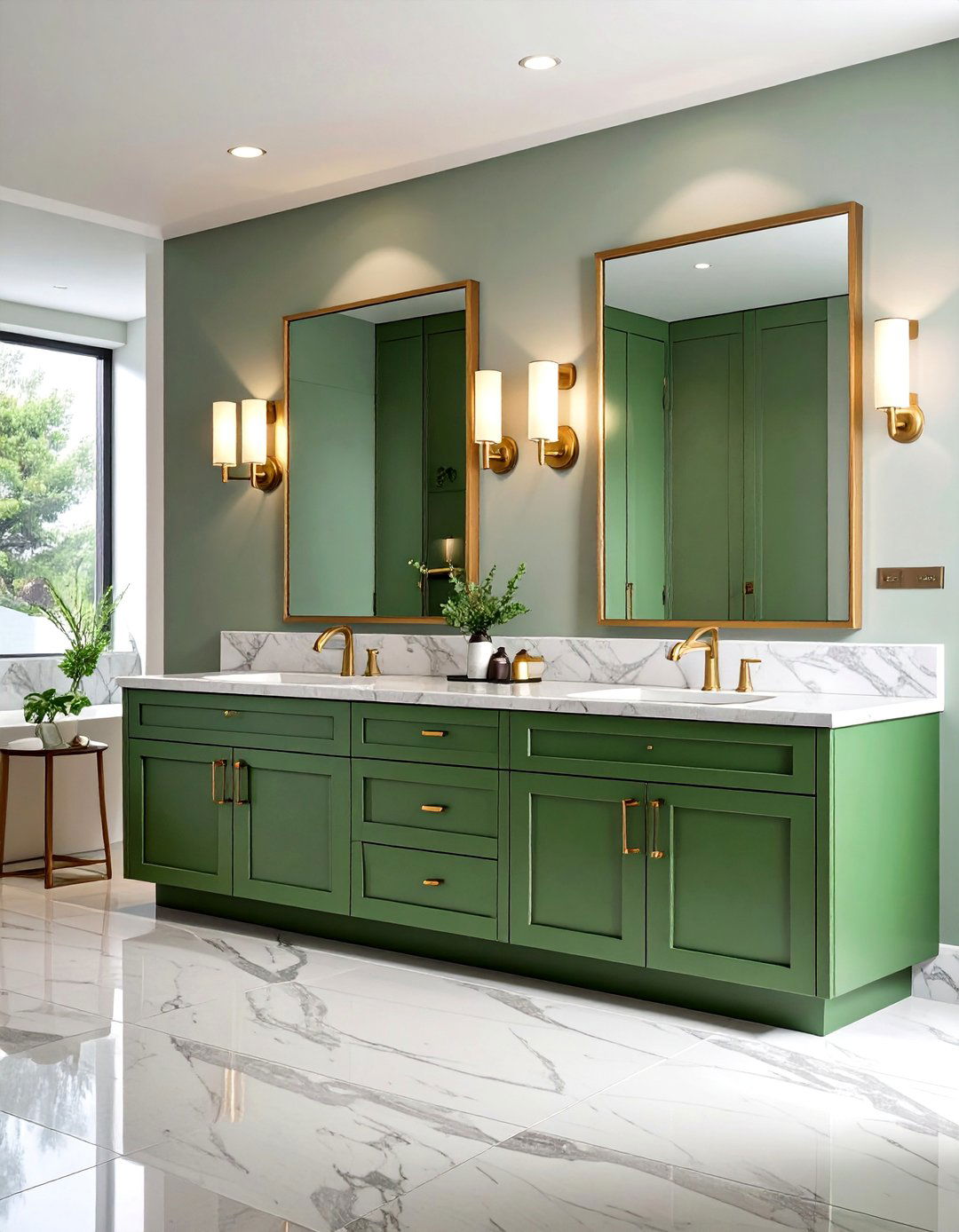 Sage Green Double Vanity with Marble Backsplash - 25 Bathroom With Green Vanity